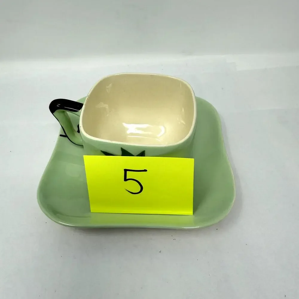 Weil Ware California Pottery Cup & Plate Set Hand Decorated Bamboo Lotus Vintage